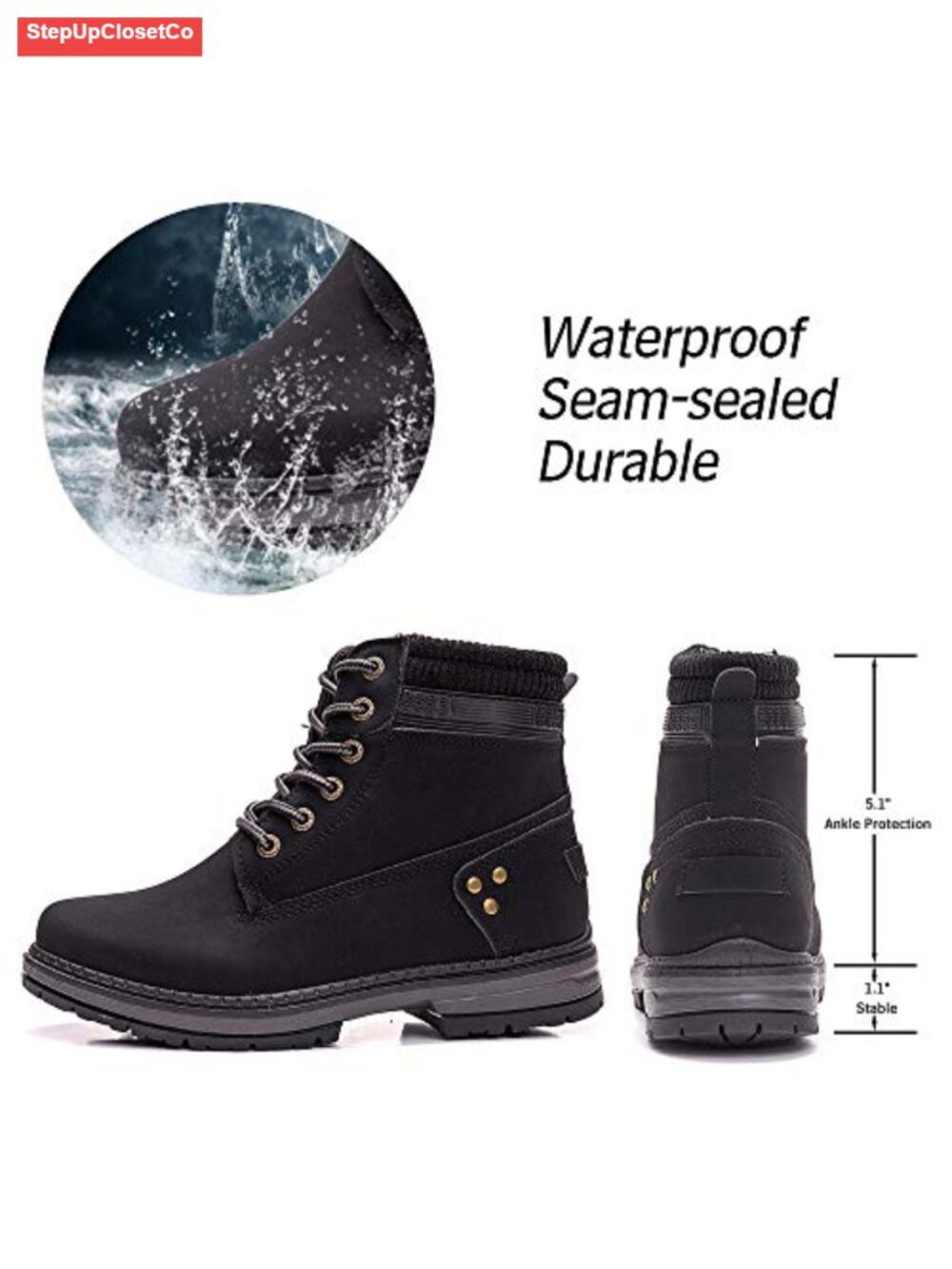 Women's Waterproof Lace-Up Hiking Combat Ankle Boots Low Heel Memory Foam - Picture 3 of 6